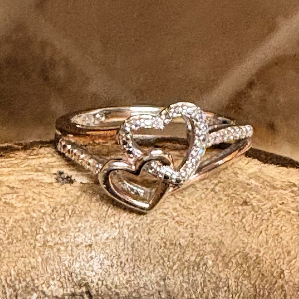 Heart Ring Size 7 Sterling Silver Two Tone w/ Diamonds Interlocking & Rose Gold